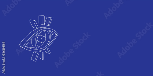 The outline of a large vision symbol made of white lines on the left. 3D view of the object in perspective. Vector illustration on indigo background