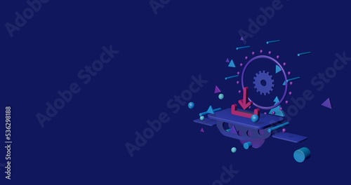 Pink download symbol on a pedestal of abstract geometric shapes floating in the air. Abstract concept art with flying shapes on the right. 3d illustration on indigo background