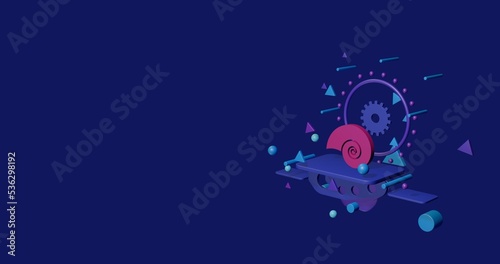 Pink marine nautilus symbol on a pedestal of abstract geometric shapes floating in the air. Abstract concept art with flying shapes on the right. 3d illustration on indigo background