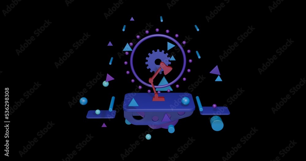 Red table lamp symbol on a pedestal of abstract geometric shapes floating in the air. Abstract concept art with flying shapes in the center. 3d illustration on black background