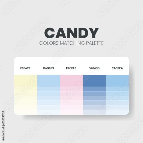 Candy color scheme. Color Trends combinations and palette guide. Example of table color shades in RGB and HEX. Color swatch for fashion, home, interiors, design. Colour chart idea. Illustration.