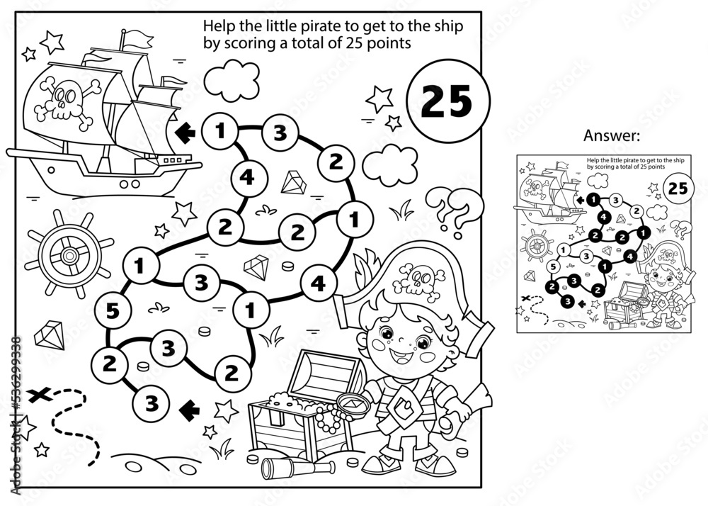 Math addition game. Puzzle for kids. Maze. Coloring Page Outline Of Cartoon pirate with chest of treasure. Pirate ship. Coloring Book for children.