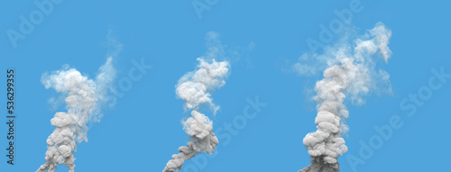 3 grey co2 emissions smoke columns from forest fire on blue, isolated - industrial 3D rendering