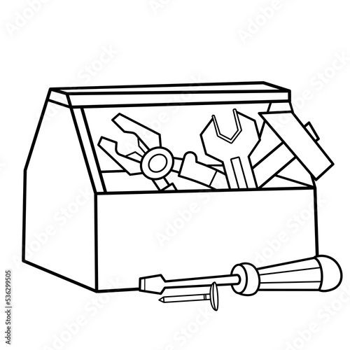 Set of household tools. Cartoon images of saw, wrench, pliers, hammer, axe, screwdriver. Coloring book for kids.