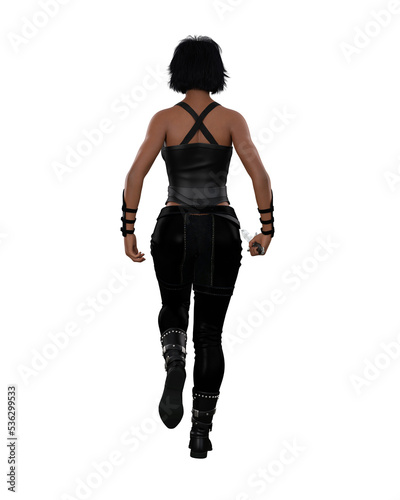 Fantasy assassin woman dressed in black wlaking away from the camera holding a knife. 3D illustration isolated. photo