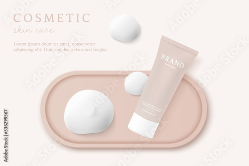 Facial cleanser and cosmetic product ad on beige background with foam .