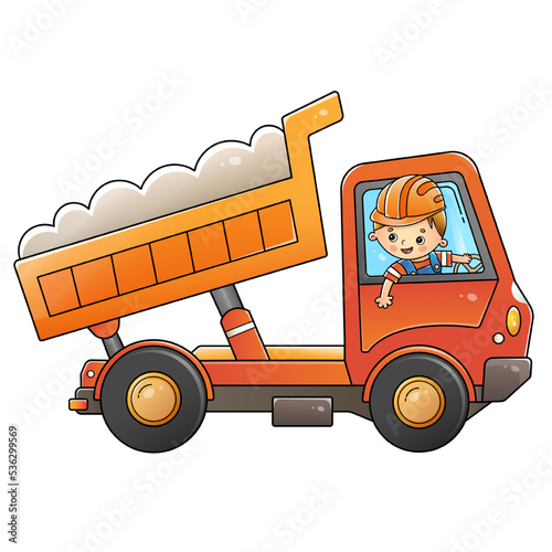 Cartoon lorry or dump truck with worker. Construction vehicles. Colorful vector illustration for children.