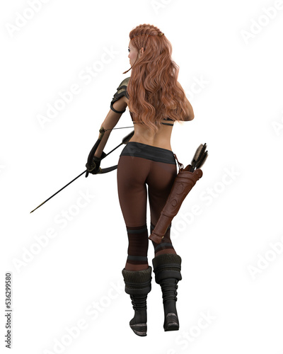 Redhead fantasy elf archer woman holding bow and arrow facing away. 3D rendering isolated.