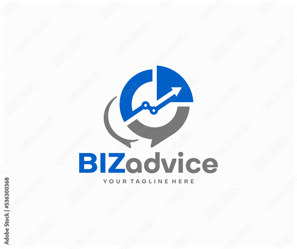 Business consulting and financial analysis logo design. Graph chart report with speech bubble vector design. Financial advisor with statistics, economy and marketing logotype Business consulting and financial analysis logo design. Graph chart report with speech bubble vector design. Financial advisor with statistics, economy and marketing logotype