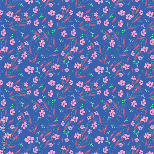 Seamless pattern of kobi, pearly purple, medium spring green color flowers , leaves and vines on denim background. textile floral pattern, fabric print, wallpaper, wall art etc.