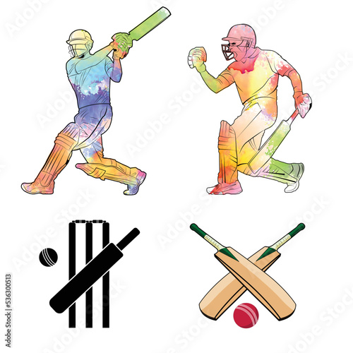 Vector illustration of cricket players. Batsman playing cricket. The batsman on the field in action. Line drawing Vector illustration. Batsman action figure set.