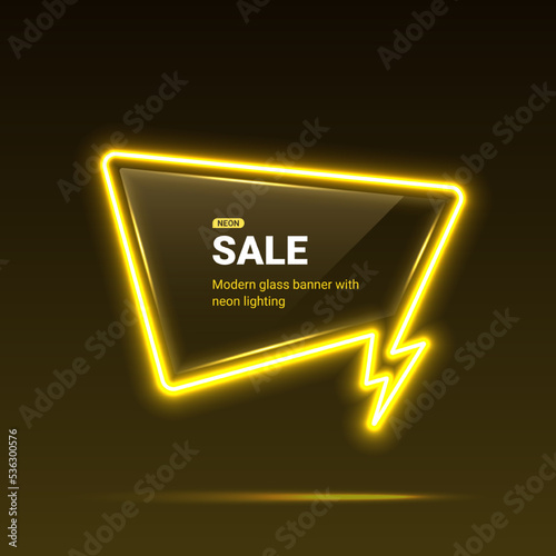 Sale vector template with neon lights. Dialog bubble with thunder flash sign. Vector