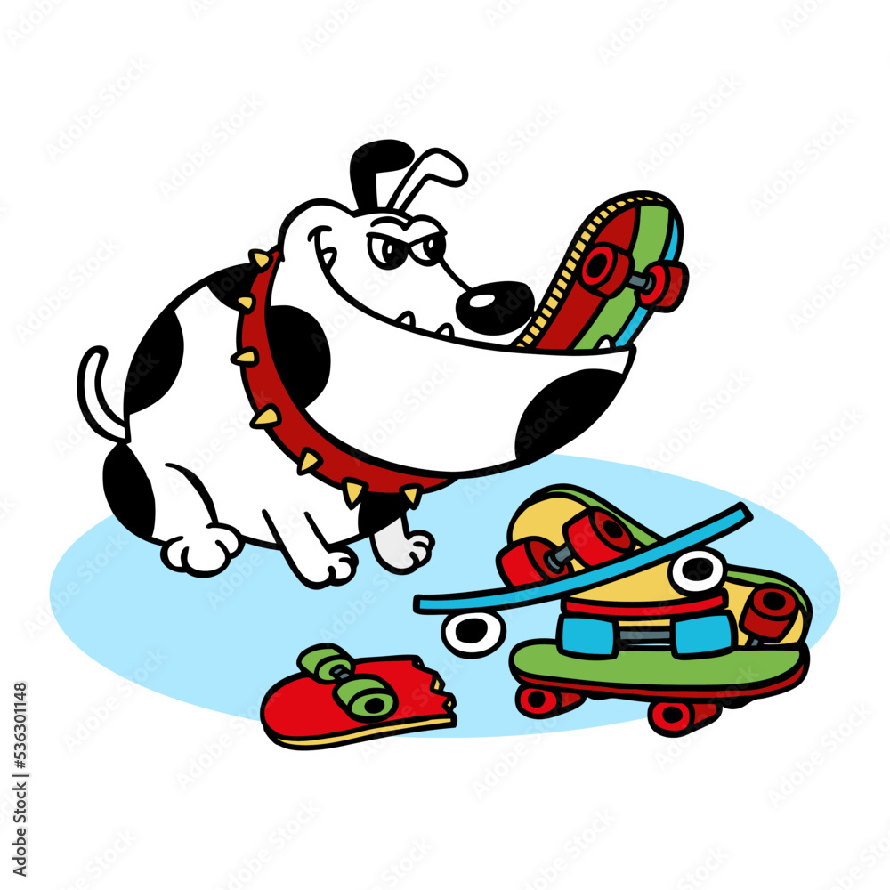 Funny dog eating some skateboards, illustration