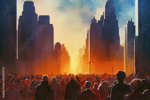 Watercolor illustration of a crowded street in the sunset light. photo