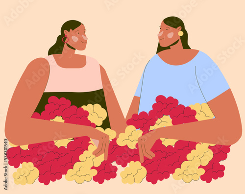 Ilustración en vector de dos mujeres morenas mexicanas indígenas sonrientes disfrutando artesanas con flores y platicando