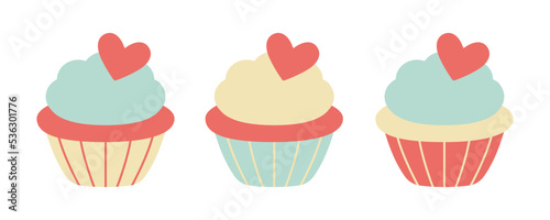 Colorful cute cupcake with cream and candy heart. Vector illustration set.