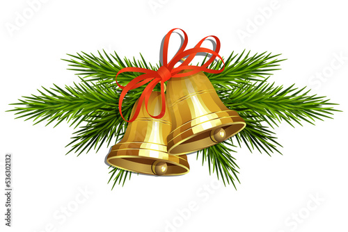 Christmas composition with golden bells with red ribbon and sprigs of Christmas tree, design element.