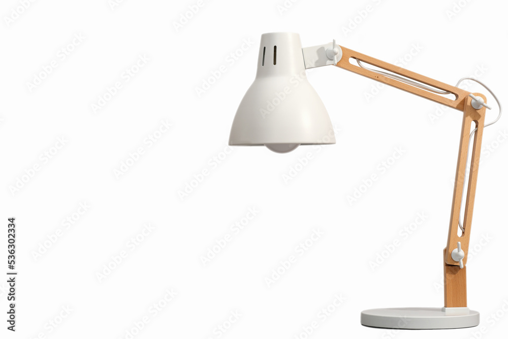 White Desk lamp with wooden stand isolated. Design element. Lighting for room, workplace.