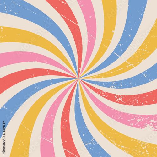 Retro background with rainbow stripes in the form of rays. Abstract colorful and textured spiral design. Abstract background rays retro style radiating from the center in the form of a spiral.