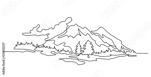 Mountain and Forest with a Сloud Continuous Line Drawing Winter Mountain Peaks Snow Landscape One Line Drawing  Vector Illustration Isolated on a white Background