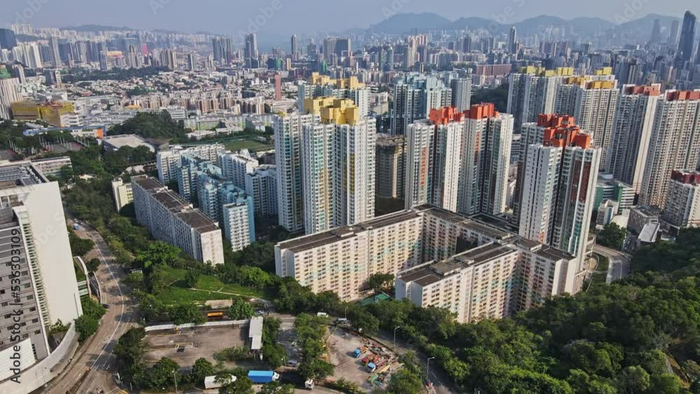 Panoramic aerial skyline view of Pak Tin Estate in Kowloon - Redevelopment of Block 9,10,11,13, before Demolition of Building Panoramic aerial skyline view of Pak Tin Estate in Kowloon - Redevelopment of Block 9,10,11,13, before Demolition of Building