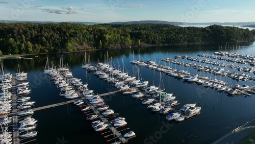 Stunning aerial view of Bestumkilen bay harbor for leisure boats in Lysakerfjorden in the inner Oslofjord area of Norway. Oslo, Norway. photo