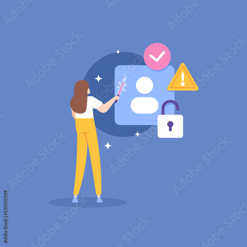 analysis of data leaks on accounts. check the security of information data. a female user scans and manages account information. hack check. security engineers. safe and dangerous. concept