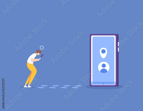 location tracker or gps tracker. a user searches and finds traces of the internet to find out the location of a smartphone. find pointers. lost device. application or software. illustration concept