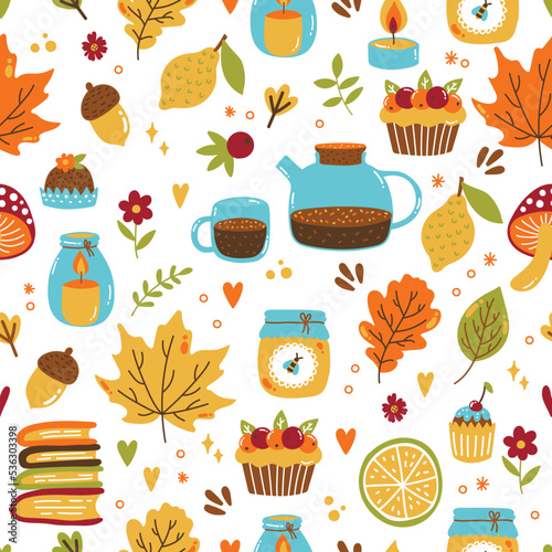 Autumn hygge cozy tea time colorful cute icons seamless vector pattern. Vector illustration
