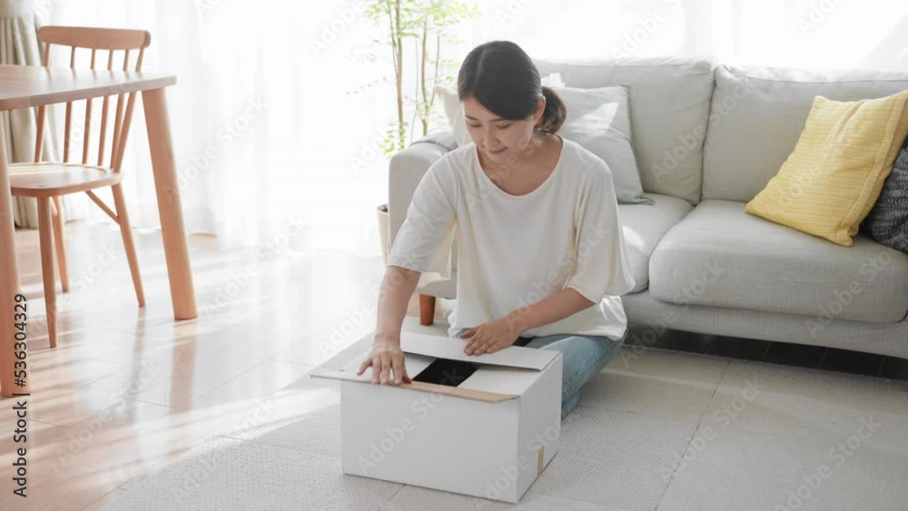 段ボールを開封する女性 通信販売イメージ 段ボールを開封する女性 通信販売イメージ