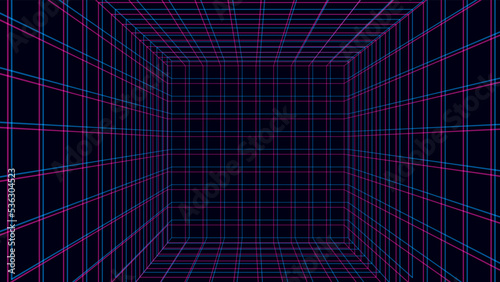 Wireframe room on the violet background. Vector perspective grid. Box with digital space.