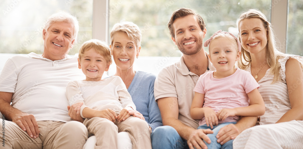 Australia, big family and portrait smile on sofa relaxing in happiness for bonding time together at home. Happy parents, grandparents and children smiling in comfort and relax on living room couch