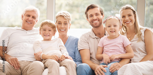 Australia, big family and portrait smile on sofa relaxing in happiness for bonding time together at home. Happy parents, grandparents and children smiling in comfort and relax on living room couch