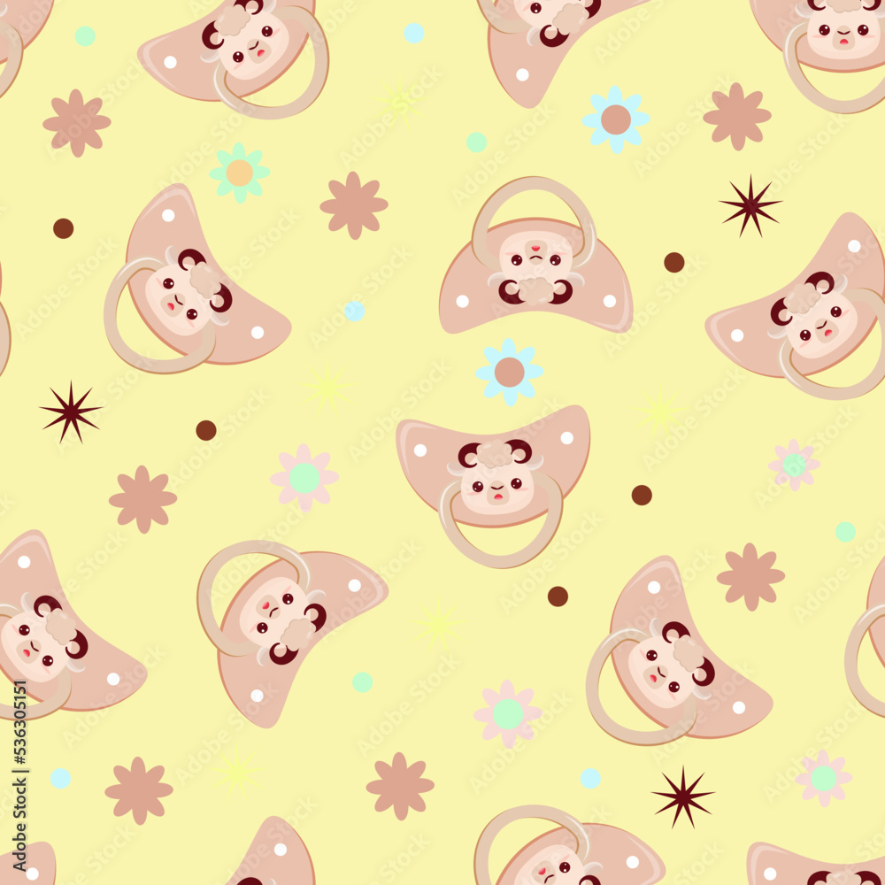 Seamless children's pattern on a yellow background. A dummy with a lamb. Pacifier for children