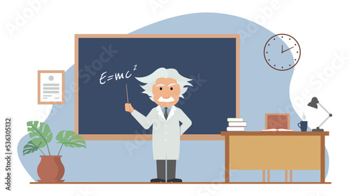 Physics teacher is near the blackboard