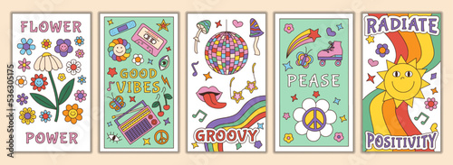 Retro groovy posters. Cute chamomile and daisy flowers and mushrooms, psychedelic hippy banners. 70s love power collection, summer sun and heart cards. Vector cartoon good vibes prints