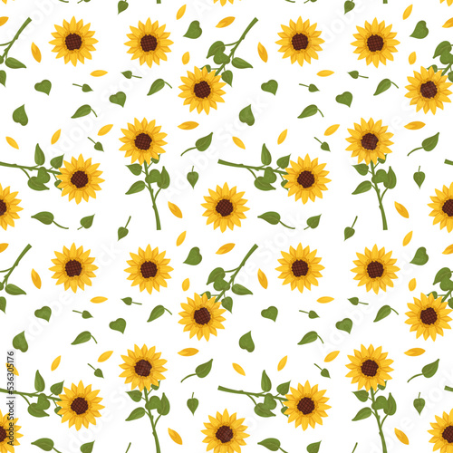 Seamless pattern with yellow sunflowers on white background. Print with element of nature, plant for decoration and design. Vector flat illustration