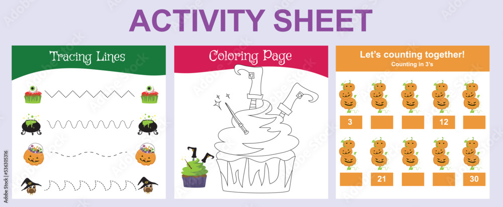 Bundle activity worksheet for toddlers with Halloween theme. Cute character printable worksheets Halloween edition. 