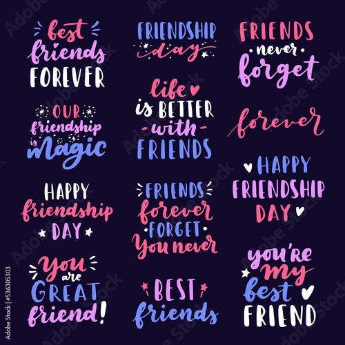 Happy Friendship Day cute hand lettering big set. Best friends forever. Greeting card typography template. Modern calligraphy design elements, quotes, friend phrase.