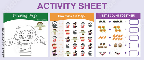 Bundle activity worksheet for toddlers with Halloween theme. Cute character printable worksheets Halloween edition. 