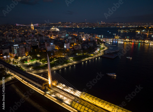 Halic Metro Bridge in the Sunset Drone Photo, Galata Beyoglu, Istanbul Turkey