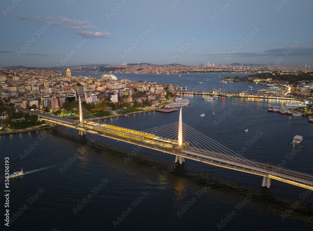 Halic Metro Bridge in the Sunset Drone Photo, Galata Beyoglu, Istanbul Turkey