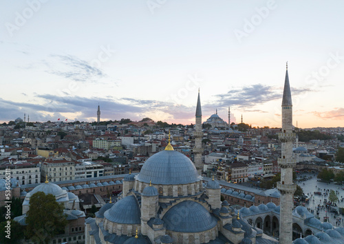 Suleymaniye Mosque in the Sunset Time Drone Photo, Fatih Istanbul, Turkey