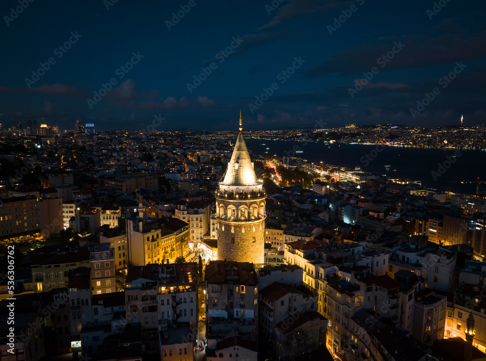 Galata Tower in the Sunset Lights Drone Photo, Galata Beyoglu, Istanbul Turkey