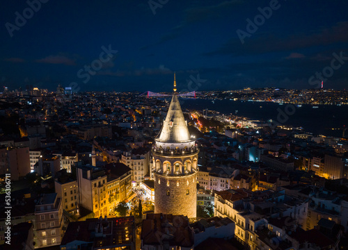 Galata Tower in the Sunset Lights Drone Photo  Galata Beyoglu  Istanbul Turkey