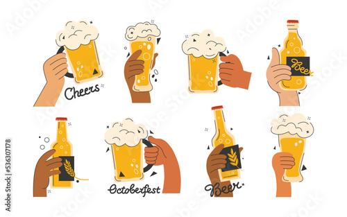 Hands holding beer with white foam in mug, glass and bottle. Cheers or drinking toast to friendship. Vector set for Oktoberfest festival, menu in bars, restaurants. Colored graphic flat illustration.