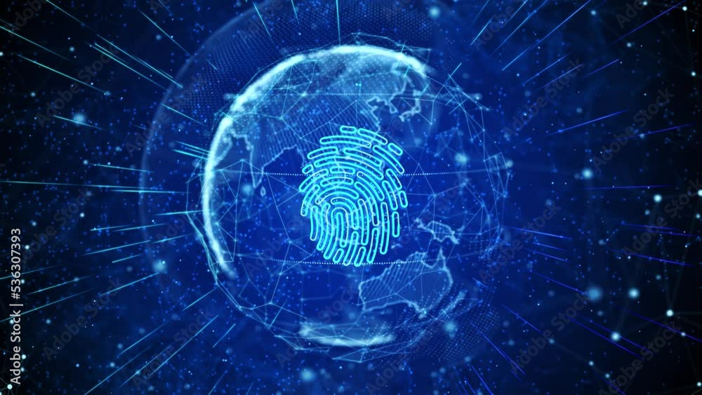 Fingerprint Digital Global Technology World Network connections Loop background. concept of, biometrics, information and cyber security. Mixed media. Security access Identification System Concept