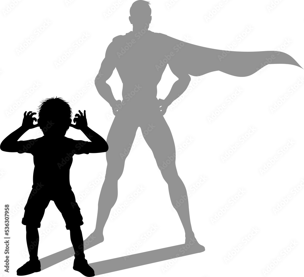 Superhero Child Kid With Super Hero Shadow Superhero Child Kid With Super Hero Shadow