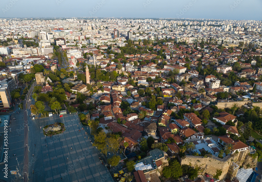 Fototapeta premium Kaleici Marina and Yivli Minaret Drone Photo, Kaleici Antalya City Center, Antalya Turkey