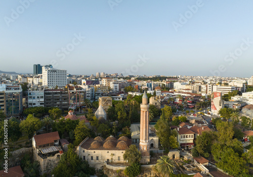 Kaleici Marina and Yivli Minaret Drone Photo, Kaleici Antalya City Center, Antalya Turkey